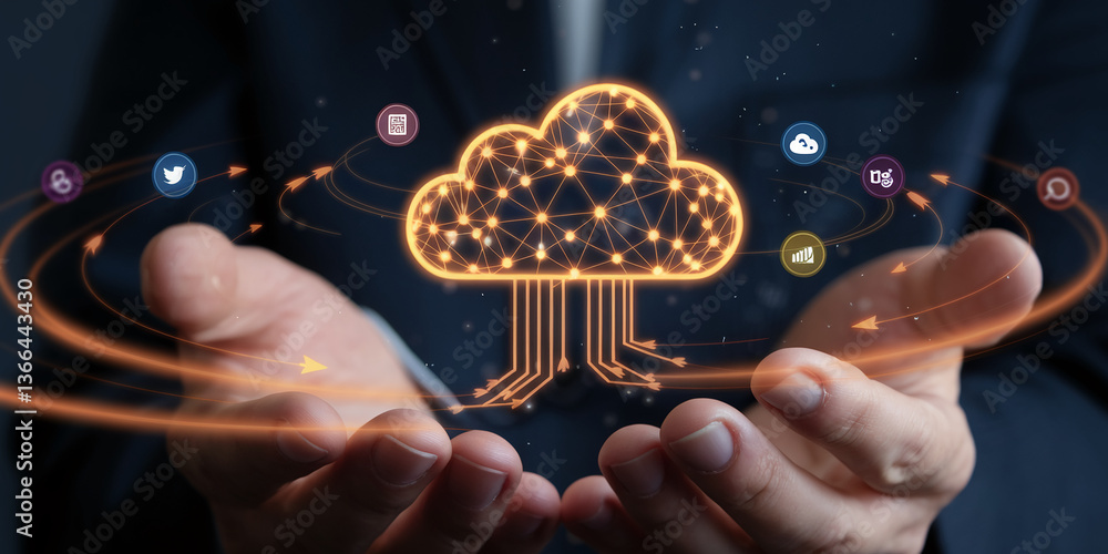 Poster glowing cloud network held in hands, symbolizing digital connectivity, data flow, and cloud computin