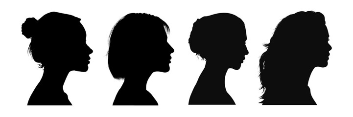 Set of young woman profile silhouette, beautiful girl - vector illustration