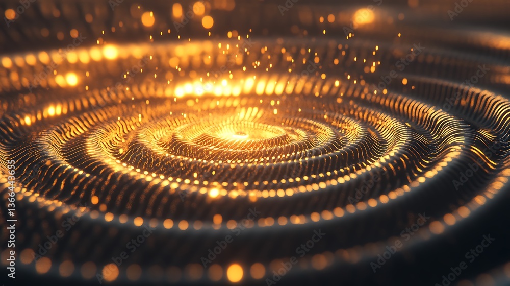 Poster golden light emanating from abstract concentric waves with depth and glowing particles ascending gen