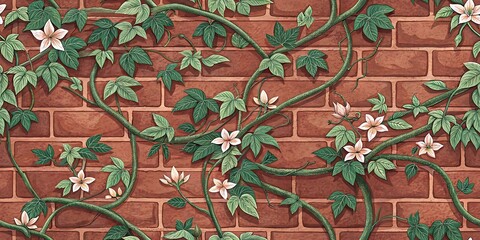 Elegant Climbing Vine with Delicate Flowers on a Brick Wall