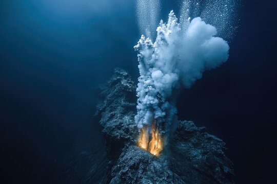 Underwater volcano erupting, spewing gas and ash into the dark ocean. Show the power of nature or research about marine geology.