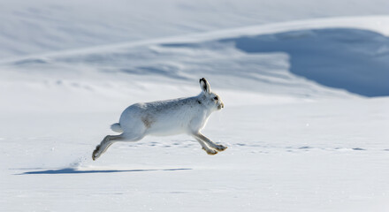 Graceful arctic hare leaping across the pristine snowy expanse landscape