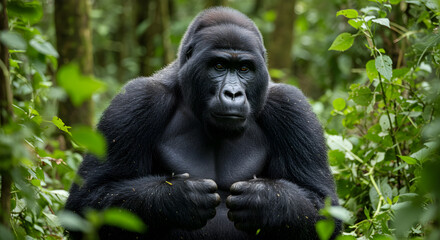 Obraz premium Magnificent western gorilla poses amidst dense jungle foliage backdrop