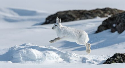 Agile arctic hare leaps across snow-covered terrain in winter wonderland scene