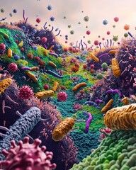 Obraz premium Vibrant 3d microscopic world with colorful bacteria and viruses in dynamic swirl