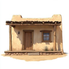 Southwestern mud house with porch and wooden supports isolated on white background clipart
