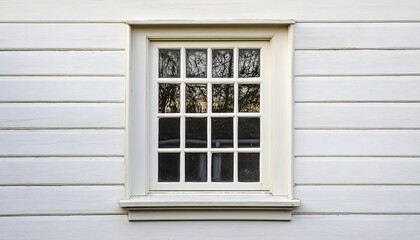 Fototapeta premium A white-framed window with multiple small panes, installed on a white wall, reflecting blurred tree shadows outside, creating a simple and modern atmosphere