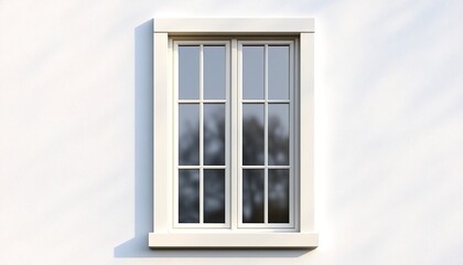 Fototapeta premium A white-framed window with multiple small panes, installed on a white wall, reflecting blurred tree shadows outside, creating a simple and modern atmosphere