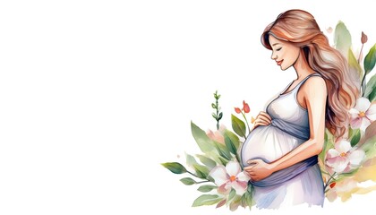 Beautiful smile pregnant mom, flower and leaves, isolated on a white background, copy space for text; concept of health care pregnancy, Mother's Day