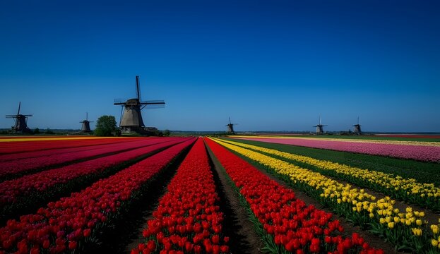windmill and tulp garden in holland