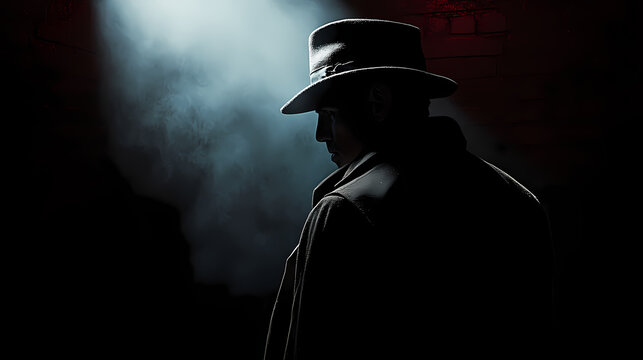 A mysterious detective wearing a hat and trench coat is partially illuminated by a spotlight in a dark room, echoing themes of intrigue and suspense. Echoing Incubation. Illustration
