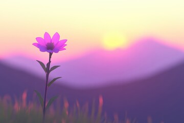 Fototapeta premium Single flower at sunrise, mountain backdrop. Soft pastel colors