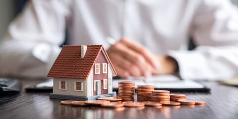 Miniature house model with stacks of coins, blurred person in background writing, showcasing real estate investment, home buying, finance concept