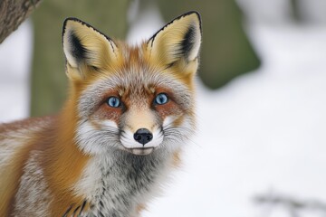 Obraz premium A close-up image of a curious fox in a snowy forest. Snow-covered trees and branches are seen in the background.