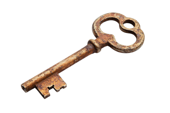 Old rusty key isolated on transparent PNG or white background.