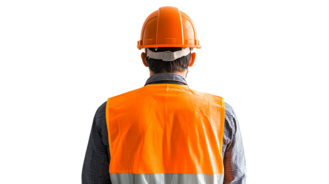 Construction worker in orange safety vest and helmet, cut out transparent