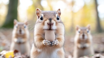Three chipmunks holding nuts in autumnal forest