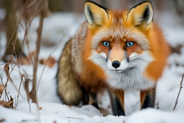 Fototapeta premium A curious fox in a snowy forest. The fox is the main subject, surrounded by snow-covered trees and a winter landscape.