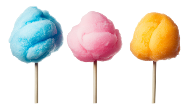 Assorted cotton candy on sticks, sweet treats, cut out transparent