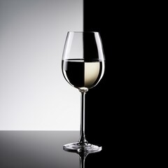 Elegant wine glass on monochrome background reflecting light glare