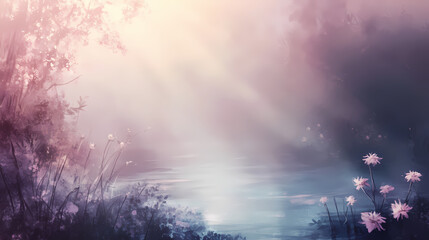 Ethereal misty landscape with pastel hues, blurred flowers, and subtle sunbeams, evoking a surreal and calming atmosphere of wistful nostalgia and dreamy reverie. Echoing Incubation. Illustration