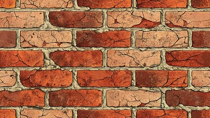 Seamless Texture of Cracked Red Bricks with Beige Mortar