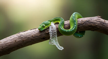 Emerald pit viper elegantly shedding its skin on a gnarled branch in the jungle