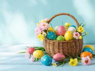 Beautiful Easter Basket Filled with Colorful Polka-Dot Eggs and Fresh Spring Flowers on a Rustic Wooden Table Against a Soft Pastel Blue Background for a Joyful Holiday Celebration. Easter Holiday art