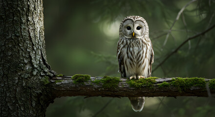 Majestic Ural Owl Perched on Mossy Branch in the Tranquil Forest Environment