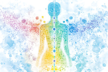  A detailed diagram illustrating the internal network of chakras, vital energy nodes, and energy pathways within the human body