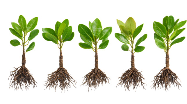 Mangrove seedlings with roots, ecological restoration , cut out transparent