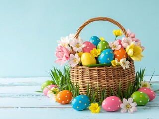 Beautiful Easter Basket Filled with Colorful Polka-Dot Eggs and Fresh Spring Flowers on a Rustic Wooden Table Against a Soft Pastel Blue Background for a Joyful Holiday Celebration. Easter Holiday art