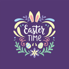 Easter Time Illustration with Bunny and Spring Flowers