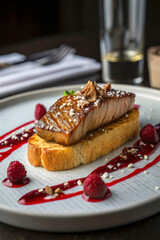 A slice of seared foie gras resting atop a thin brioche toast, garnished with delicate flakes of Maldon sea salt and drizzled with a deep red berry reduction. The plate is minimalist