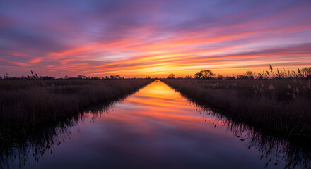 Vivid sunset reflection over a serene wetland water channel scenery