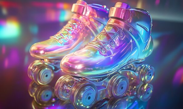 Two iridescent roller skates are displayed in a colorful environment - Powered by Adobe