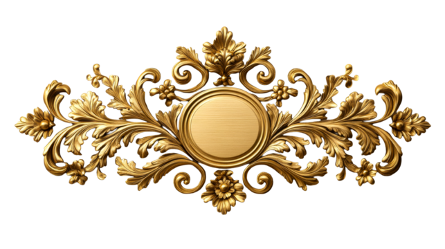 Golden decorative ornament with leaves, floral elements, cut out transparent