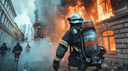 Firefighter in Action Battling Flames and Smoke with Safety Gear and Oxygen Tank