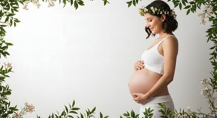 Beautiful smile pregnant mom, flower and leaves, isolated on a white background, copy space for text; concept of health care pregnancy, Mother's Day