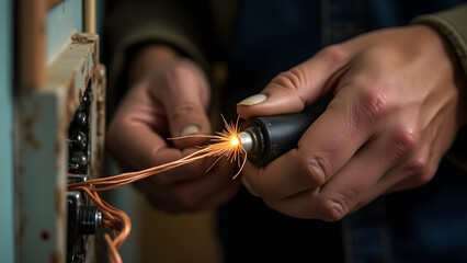 Electrician's practiced hands strip wires to perfect lengths, flashing blades baring copper with no wasted motion under work lights.
