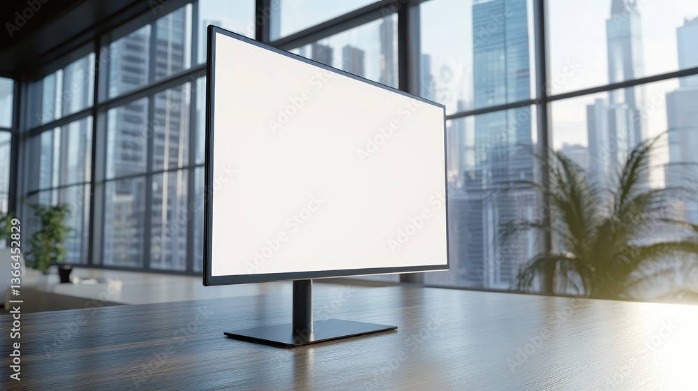 Poster modern office room with blank monitor, city view in the background. showcase your website or app des