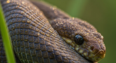 Fototapeta premium Detailed Close-Up of a Snake's Scaly Skin with Morning Dew Droplets on Scales