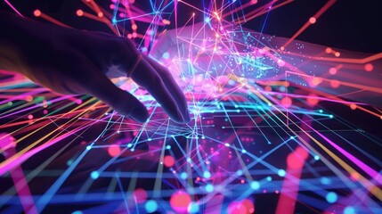Futuristic Hand Interacting with Neon Network Digital Art Technology Concept Abstract Backgr