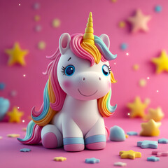Delightful plasticine unicorn with a colorful rainbow mane shines brightly against a whimsical pink backdrop filled with stars