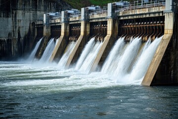 Concrete dam with rushing water flowing through its open floodgates. This image can represent energy, power, or infrastructure projects.