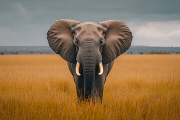 Majestic elephant stands proud in the savannah under a moody sky, showcasing its grandeur and resilience as nature's giant protector