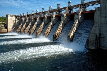 Concrete dam releases water creating powerful stream and white water. It illustrates engineering, hydro power, water management or clean energy.