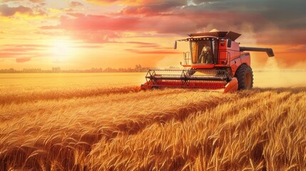 Obraz premium Harvester in Action Golden Wheat Field at Sunset Agricultural Machinery Farming Equipment H