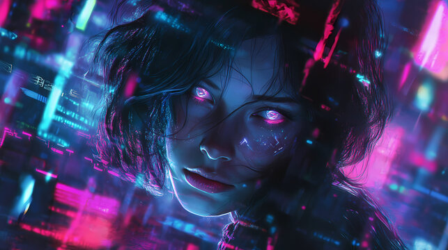 Pastel neon ghost in the shell a hackers spirit navigating the net untouchable in her luminescent form. Phantom Carapace. Illustration