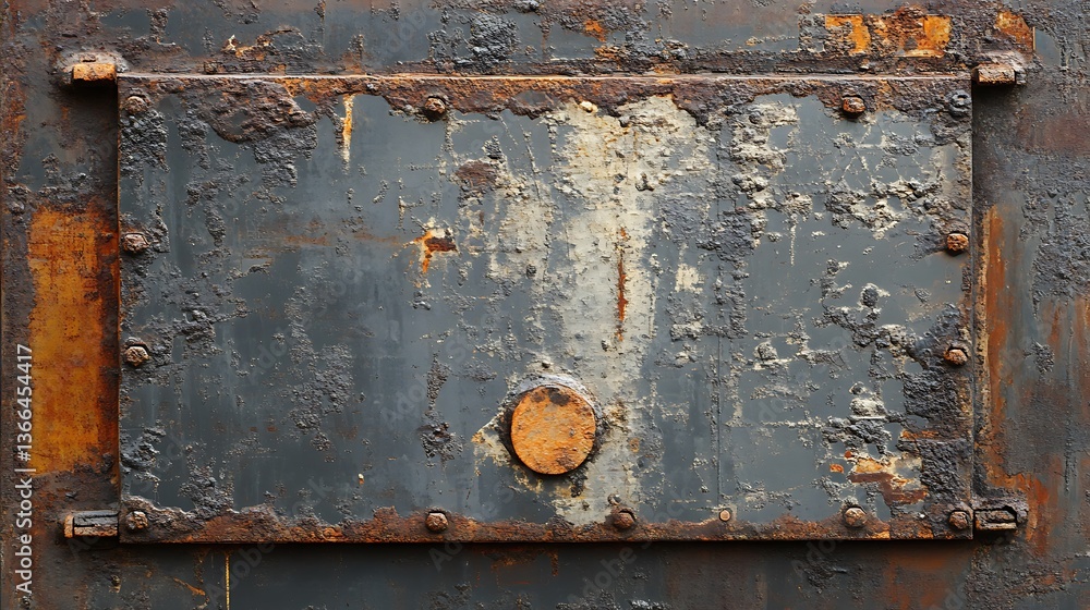 Poster grungy metal panel with rust and flaking paint: a distressed industrial background texture for creat